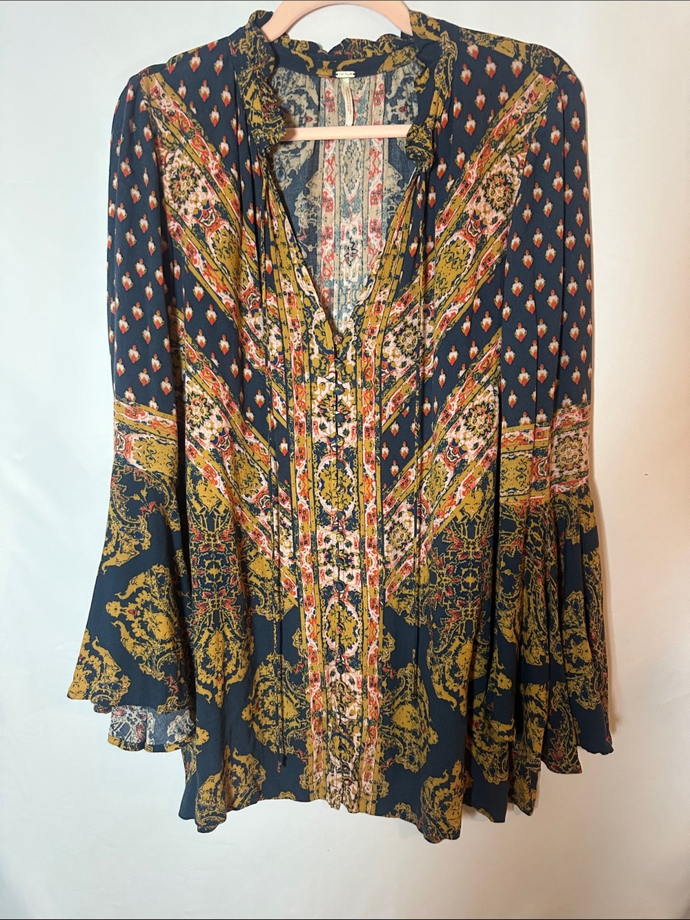 Free People Navy & Mustard Floral Bell Sleeve Tunic